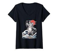 Femme Catzilla Grande Vague Mashup Illustration T-Shirt avec Col en V