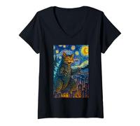 Femme Catzilla in Van Gogh Starry Night Universe Chat Art Amusant T-Shirt avec Col en V