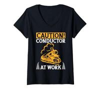 Femme Caution Conductor at Work Train Chef d'orchestre T-Shirt avec Col en V
