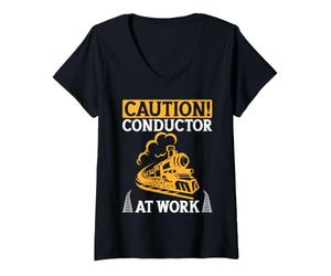 Femme Caution Conductor at Work Train Chef d'orchestre T-Shirt avec Col en V