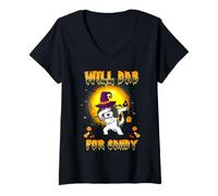 Femme Cavalier Dabbing Dog Will Dab for Candy Funny Halloween T-Shirt avec Col en V