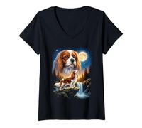 Femme Cavalier King Charles Spaniel Howling to The Moon Meme Funny T-Shirt avec Col en V