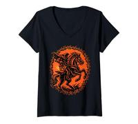 Femme Cavalier sans tête Halloween Lanterne Citrouille Couronne T-Shirt avec Col en V