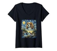 Femme Cavalier Spaniel Moon Howling Starry Night Style Van Gogh T-Shirt avec Col en V