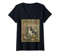 Femme Cavalier Tricolore King Charles Spaniel William Morris Floral T-Shirt avec Col en V