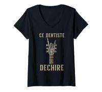 Femme Ce Dentiste Dechire Guitare Gothique Rocker Squelette T-Shirt avec Col en V