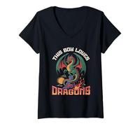 Femme Ce garçon Aime Dragons Boys Dragon T-Shirt avec Col en V