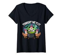 Femme Ce Soir, Nous volons avec Funny Witchy Chickens Spooky Farm Halloween T-Shirt avec Col en V