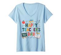 Femme Célébration Colorée de la Journée des Enseignants T-Shirt avec Col en V