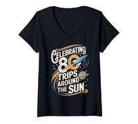 Femme Célébration de 80 Voyages Autour du Soleil T-Shirt avec Col en V