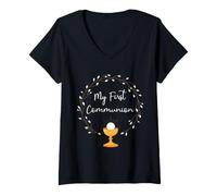 Femme Célébration de la Foi de l'Eucharistie catholique pour la première Communion T-Shirt avec Col en V