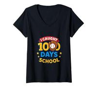 Femme Célébration du Baseball « I Caught 100 Days of School » T-Shirt avec Col en V