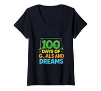 Femme Célébration du Football des 100 Jours de buts et de rêves T-Shirt avec Col en V