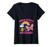 Femme Célébration du huitième Anniversaire de Papillon Arc-en-Ciel T-Shirt avec Col en V