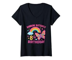 Femme Célébration du huitième Anniversaire de Papillon Arc-en-Ciel T-Shirt avec Col en V