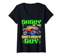 Femme Célébrations d'anniversaire de Papa of The Birthday Boy Monster Truck T-Shirt avec Col en V