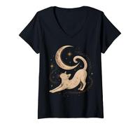Femme Céleste Lune Chat Étoiles Mystiques Cadeaux pour Les Amoureux des Chats T-Shirt avec Col en V