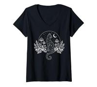 Femme Celestial Cat Moon Mushroom Cottagecore Witchy Tee for Women T-Shirt avec Col en V