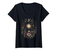 Femme Celestial Cottagecore Moon Astrologie Astronomie Fleurs Sauvages T-Shirt avec Col en V