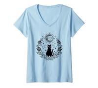 Femme Celestial Sun Moon Chat Noir Occulte Floral T-Shirt avec Col en V