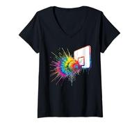 Femme Cerceau de Basket-Ball coloré Tie Dye - Éclaboussures de Peinture - Art Sportif T-Shirt avec Col en V