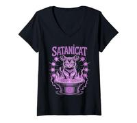 Femme Cercle rituel Satanicat Diable Occulte Gothique Satanicat T-Shirt avec Col en V