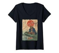 Femme Cérémonie du thé Japonais Tanuki Fleurs de Cerisier Art T-Shirt avec Col en V