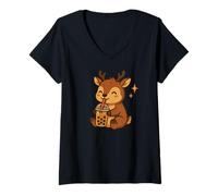 Femme Cerf avec Bubble Tea Cerf Kawaii T-Shirt avec Col en V