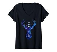 Femme Cerf céleste Galaxie Phases de Lune Cerf Spirituel Animal T-Shirt avec Col en V