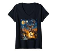 Femme Cerf Hurlant à la Lune Forest Art T-Shirt avec Col en V