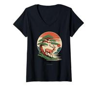 Femme Cerf Japonais mythologie Folklore Zen bonsaï Animal T-Shirt avec Col en V