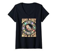 Femme Certains Lapins Aiment Une Loutre Esthétique Florale Groovy T-Shirt avec Col en V