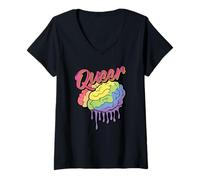 Femme Cerveau Arc-en-Ciel Queer - Cadeau Amusant LGBTQ Pride T-Shirt avec Col en V