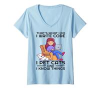 Femme C'est ce Que Je Fais J'écris du Code I Pet Cats and I Know Things T-Shirt avec Col en V
