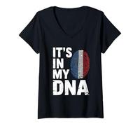 Femme C'est dans Mon ADN Drapeau de la France Fans de Rugby T-Shirt avec Col en V