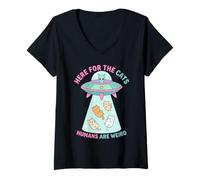 Femme C'est drôle Ici pour Les Chats, Les Humains sont Une étrange Rencontre Extraterrestre T-Shirt avec Col en V