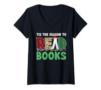 Femme C'est la Saison pour Lire Un Livre, Noël, Lecture de Noël T-Shirt avec Col en V