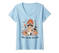 Femme C'est la Saison, Raton Laveur d'automne avec citrouilles de café T-Shirt avec Col en V