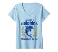 Femme C'est Mignon, Je me Demande si Les Dauphins pensent de Moi de manière trop drôle T-Shirt avec Col en V
