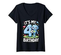 Femme C'est Mon 4e Anniversaire, Robot Soccer Fun T-Shirt avec Col en V
