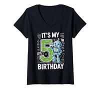 Femme C'est Mon 5e Anniversaire Robot Soccer Robot T-Shirt avec Col en V