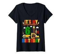 Femme C'est Mon 6e Anniversaire pour Les garçons de Construction Excavator Birthday Boys T-Shirt avec Col en V