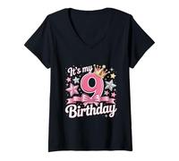 Femme C'est Mon 9ème Anniversaire, Princesse Nine Birthday Girl T-Shirt avec Col en V