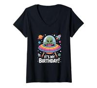 Femme C'est mon anniversaire, Alien Space Party, célébration de l'astronomie T-Shirt avec Col en V