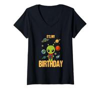 Femme C'est Mon Anniversaire Aliens Funny Sarcastic Kids Family T-Shirt avec Col en V