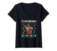 Femme C'est Mon Anniversaire, Jesus Christ Holiday Winter Vibes Christmas T-Shirt avec Col en V