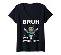Femme C'est mon anniversaire Pixel Robot Surprise Gamer Party Kids T-Shirt avec Col en V