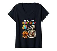 Femme C'est Mon Anniversaire Squelette marionnette Happy Halloween Bday Party T-Shirt avec Col en V
