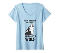 Femme C'est Mon Costume Humain, Je suis Vraiment Un Loup T-Shirt avec Col en V