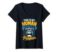 Femme C'est Mon Costume Humain, Je suis Vraiment Un Pingouin T-Shirt avec Col en V